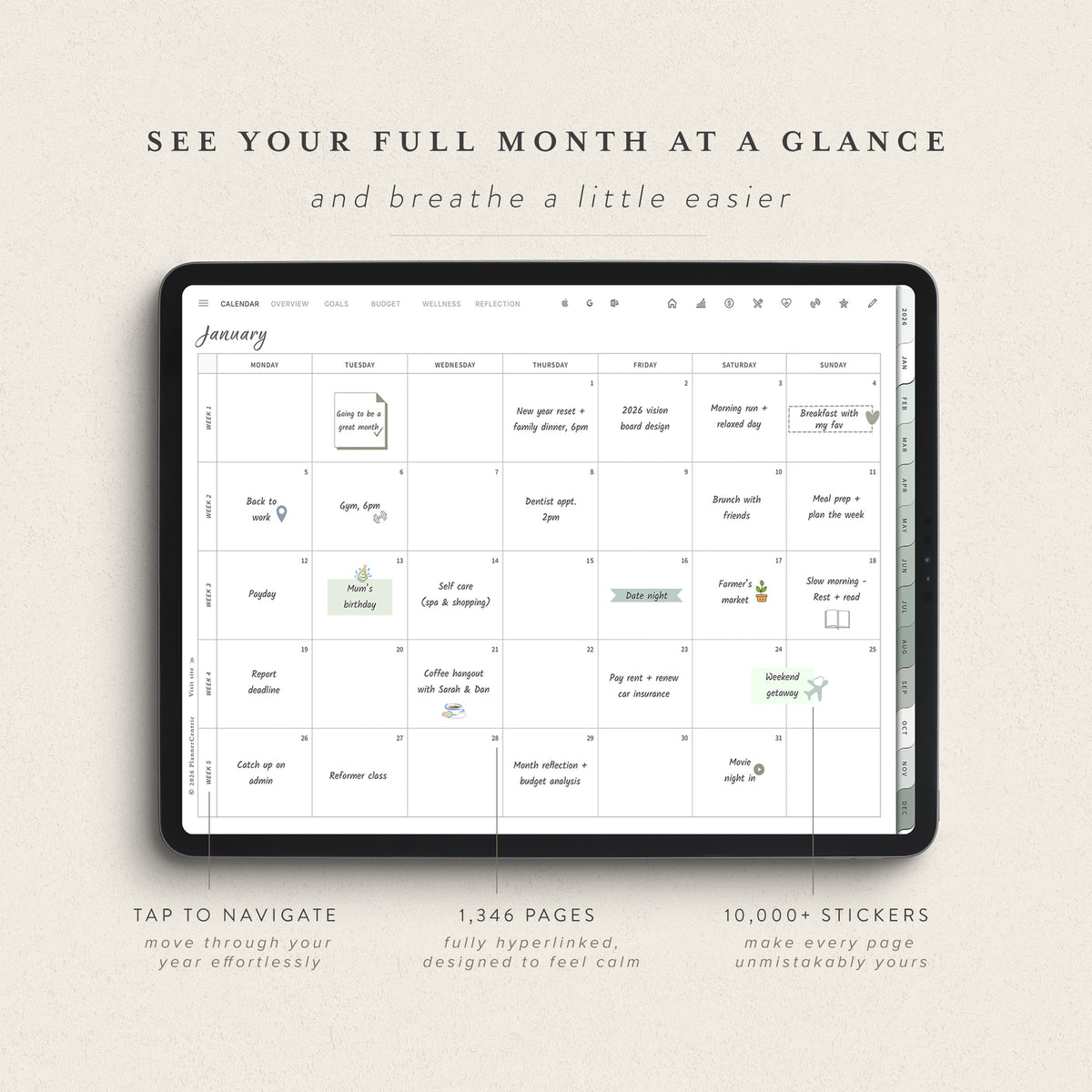 A digital monthly planner template displayed on a tablet mockup against a warm beige textured background. The planner page features a clean grid layout with weekly and monthly views, decorated with small pastel-colored sticky notes.