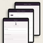 Three tablet devices arranged in a staggered stack, each displaying a digital planner or promise tracker interface with dark purple headers and white content areas on a light neutral background.
