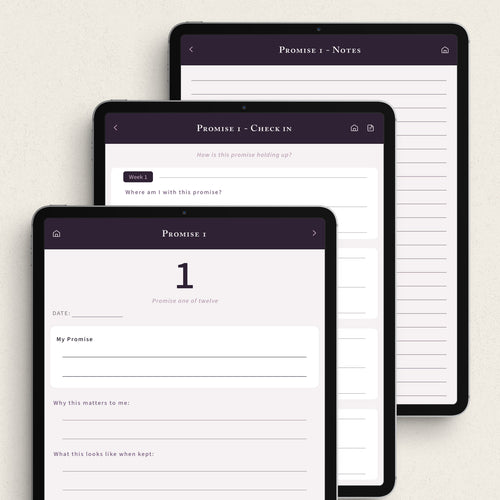 Three tablet devices arranged in a staggered stack, each displaying a digital planner or promise tracker interface with dark purple headers and white content areas on a light neutral background.