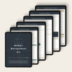 Five overlapping digital planner or budgeting app screens displaying different modules such as 'MONEY Management Kit', 'Saving Goal Tracker', 'Expense Tracker - Wants', 'No Spend Challenge', and 'Financial Goals & Review' on a light beige background.