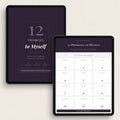 Two digital tablets displaying a planner template titled '12 Promises to Myself' on a light beige background. The left tablet shows the cover design in dark purple, and the right tablet shows the interactive worksheet screen with 12 numbered prompt boxes.