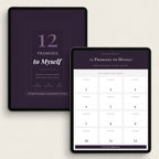 Two digital tablets displaying a planner template titled '12 Promises to Myself' on a light beige background. The left tablet shows the cover design in dark purple, and the right tablet shows the interactive worksheet screen with 12 numbered prompt boxes.