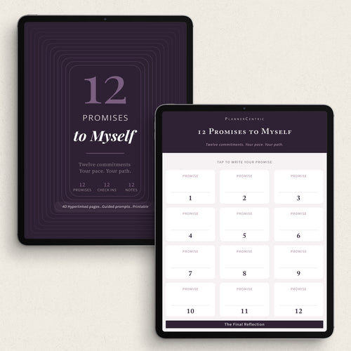Two digital tablets displaying a planner template titled '12 Promises to Myself' on a light beige background. The left tablet shows the cover design in dark purple, and the right tablet shows the interactive worksheet screen with 12 numbered prompt boxes.