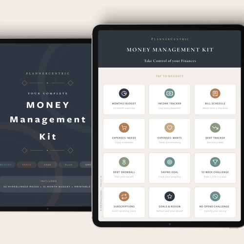 A digital planner and tablet mockup displaying a 'Money Management Kit' template by PlannerCentric. The left screen shows the dark-themed cover, and the right screen displays a grid of finance tracking cards such as monthly budget, income tracker, debt tracker, and savings goal on a light beige background.